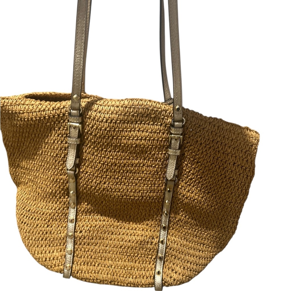 Michael Kors tan Woven straw Tote gold leather straps studded logo charm - Picture 5 of 11
